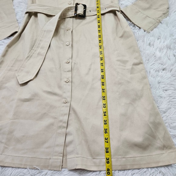 BLDWN Sz M Button Up Tie Waist Collared Morris Trench Coat Dress in Studio Beige - Picture 10 of 14